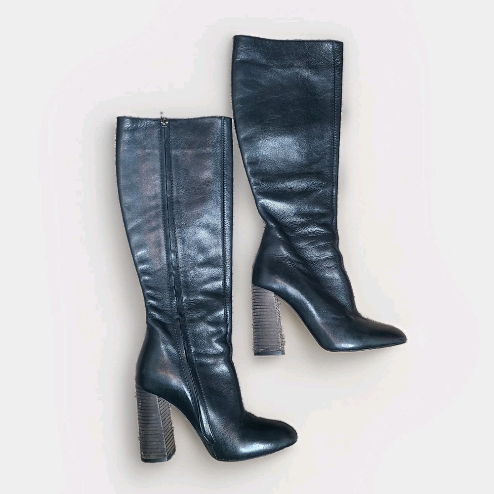 Chloe Tall Boots Black Leather Wooden‎ Stacked Heel Size 36 - Picture 2 of 9